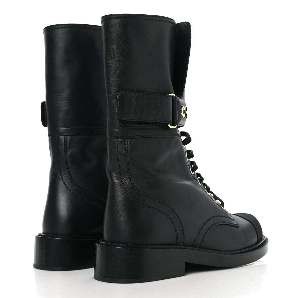 Shiny Calfskin Grosgrain Lace Up Combat Boots 36.5 Black