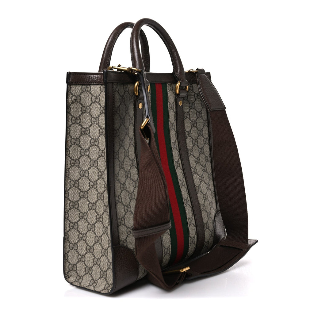 GG Supreme Monogram Textured Dollar Calfskin Web Medium Ophidia Tote Bag Beige Ebony
