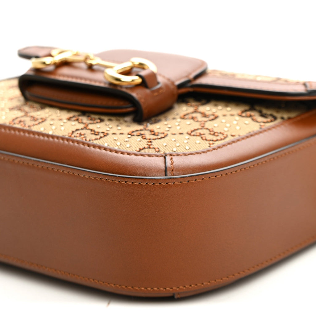 New Canvas Charisma Calfskin Crystal GG Monogram Mini Horsebit 1955 Shoulder Bag Camel Ebony