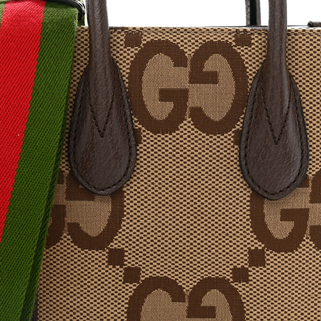 Monogram Jumbo GG Textured Dollar Calfskin Web Mini Vertical Tote Camel Ebony New Acero