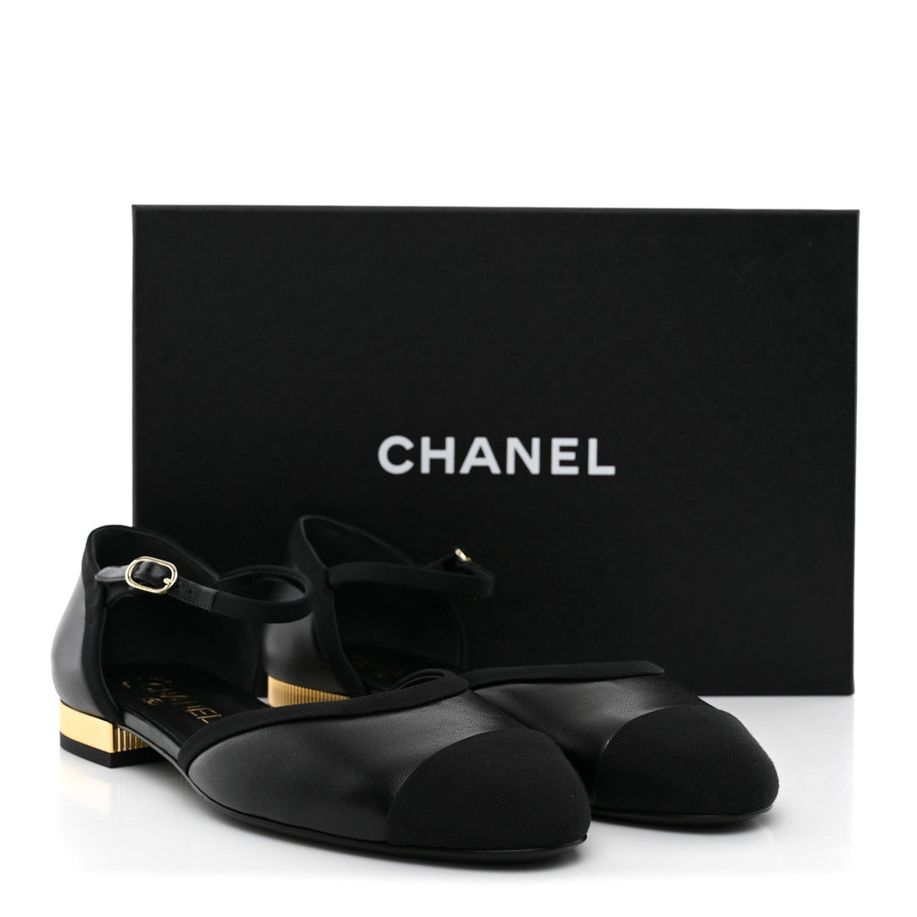 Lambskin Grosgrain Cap Toe Mary Jane Flats 38.5 Black