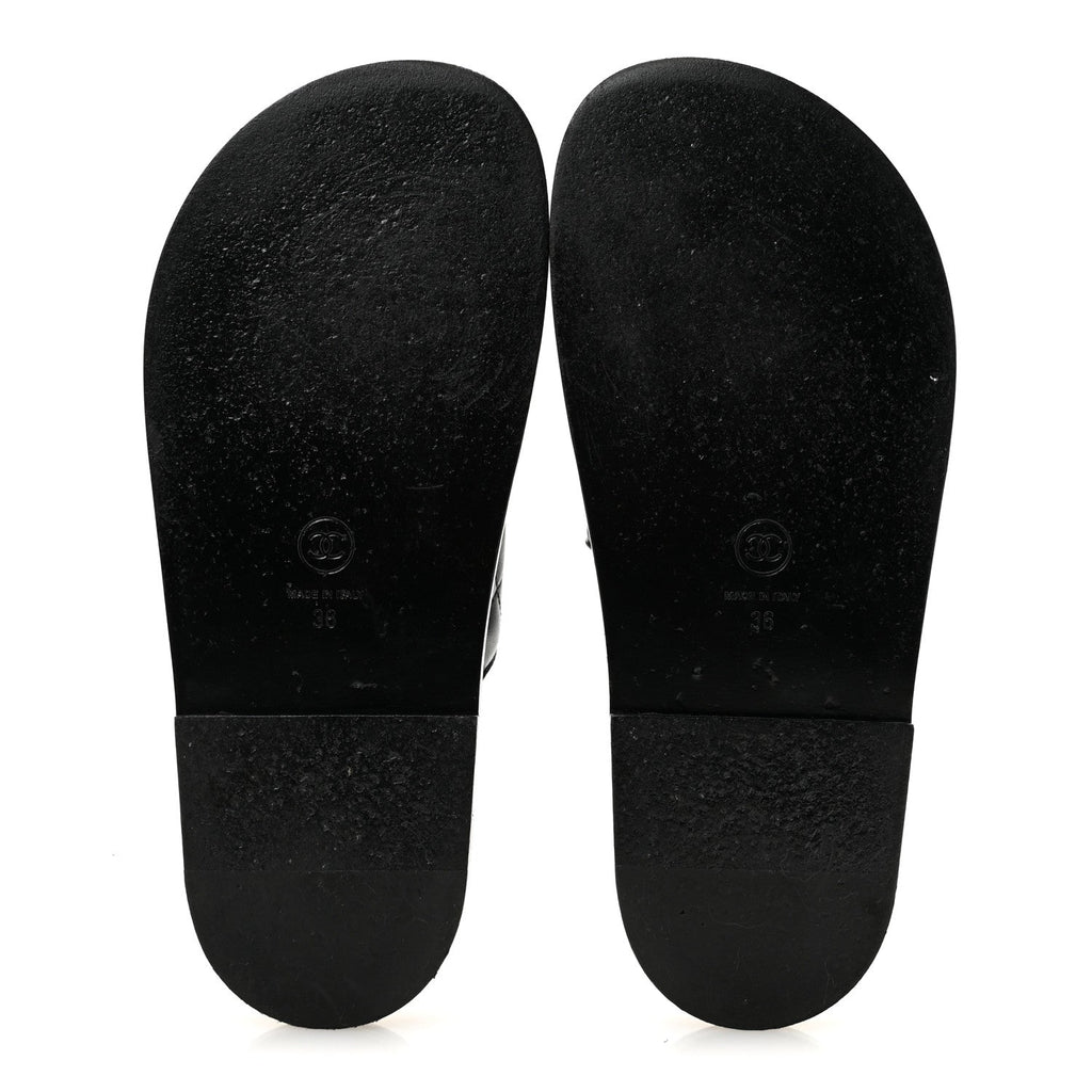Lambskin Quilted Velcro Dad Chain CC Slide Sandals 36 Black