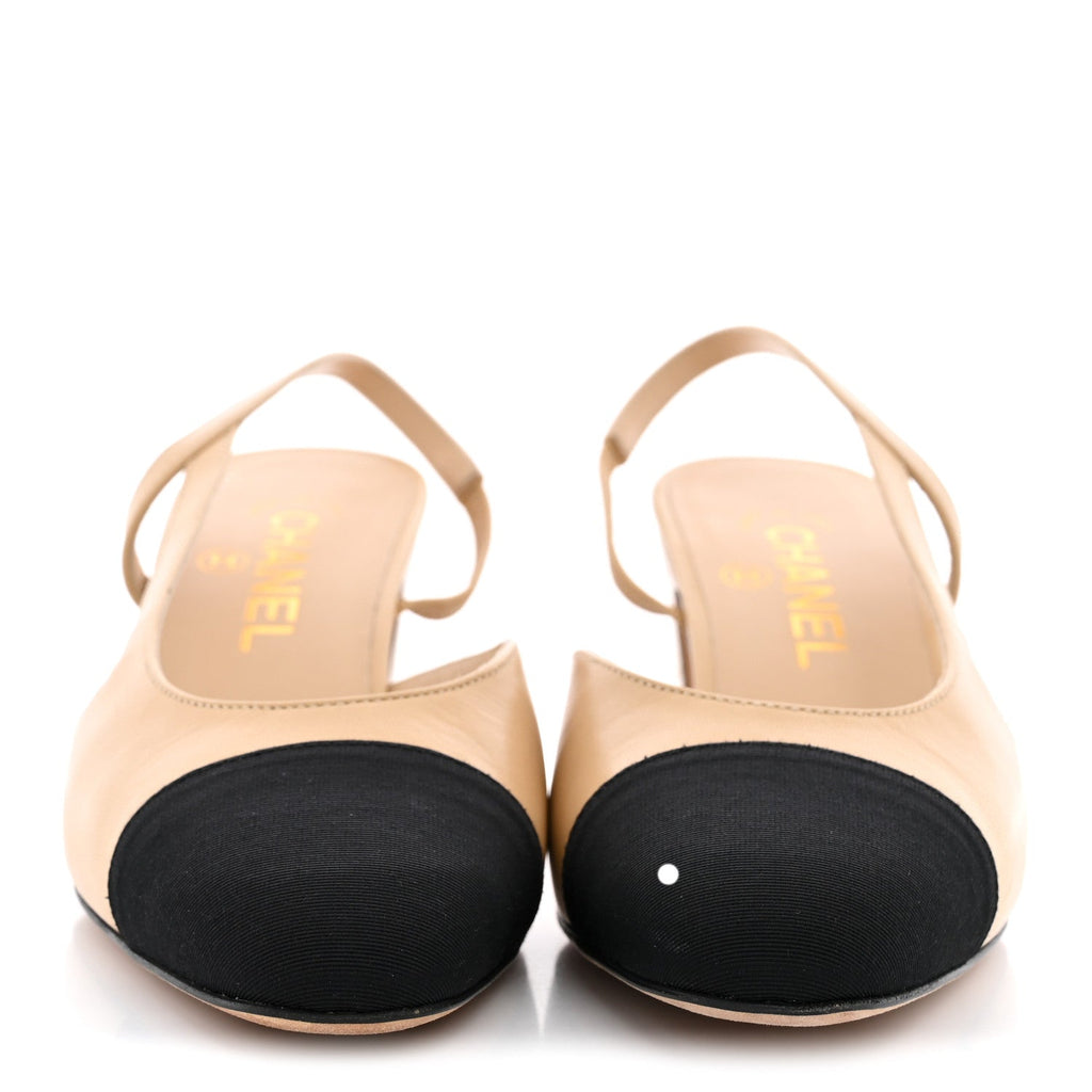 Goatskin Grosgrain Cap Toe CC Slingback Pumps 38 Beige Black