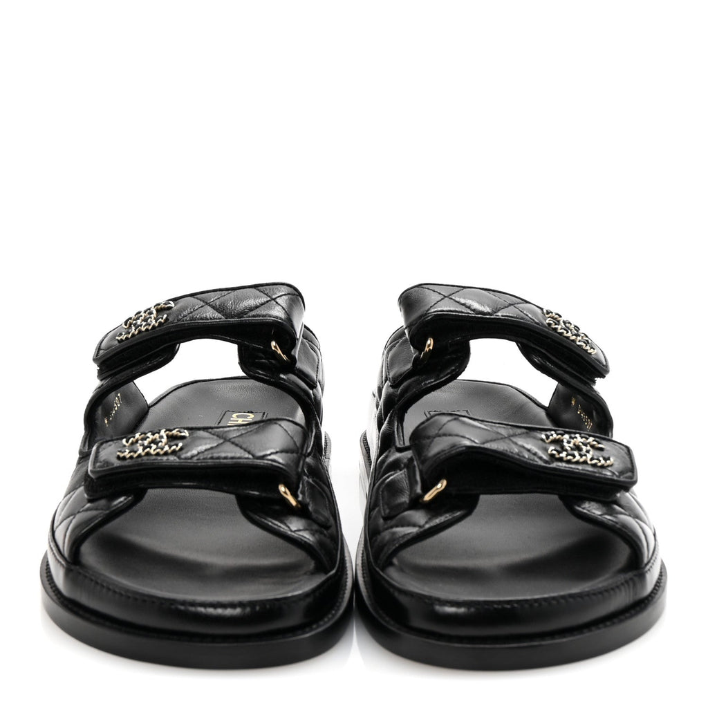 Lambskin Quilted Velcro Dad Chain CC Slide Sandals 38 Black