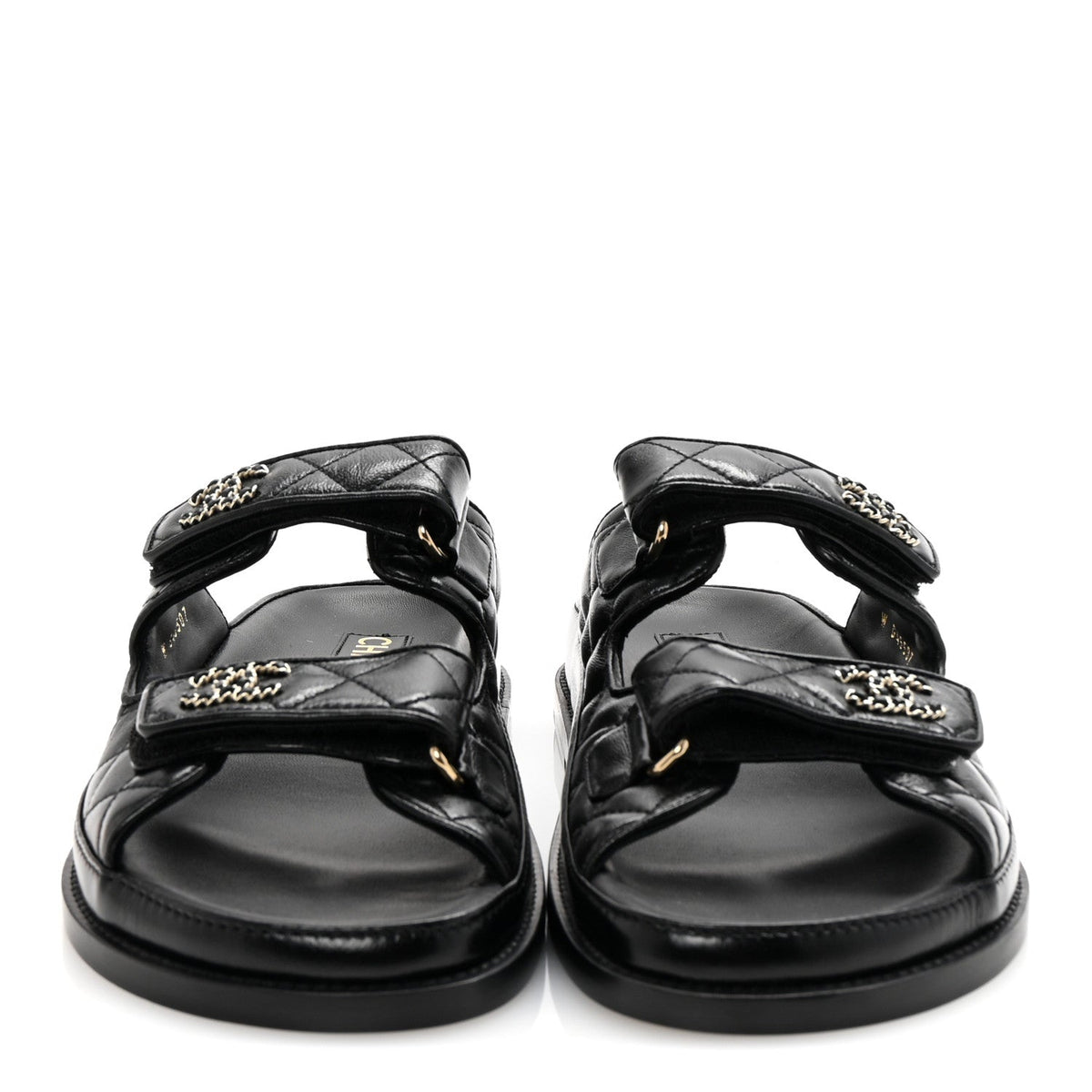 Lambskin Quilted Velcro Dad Chain CC Slide Sandals 38 Black