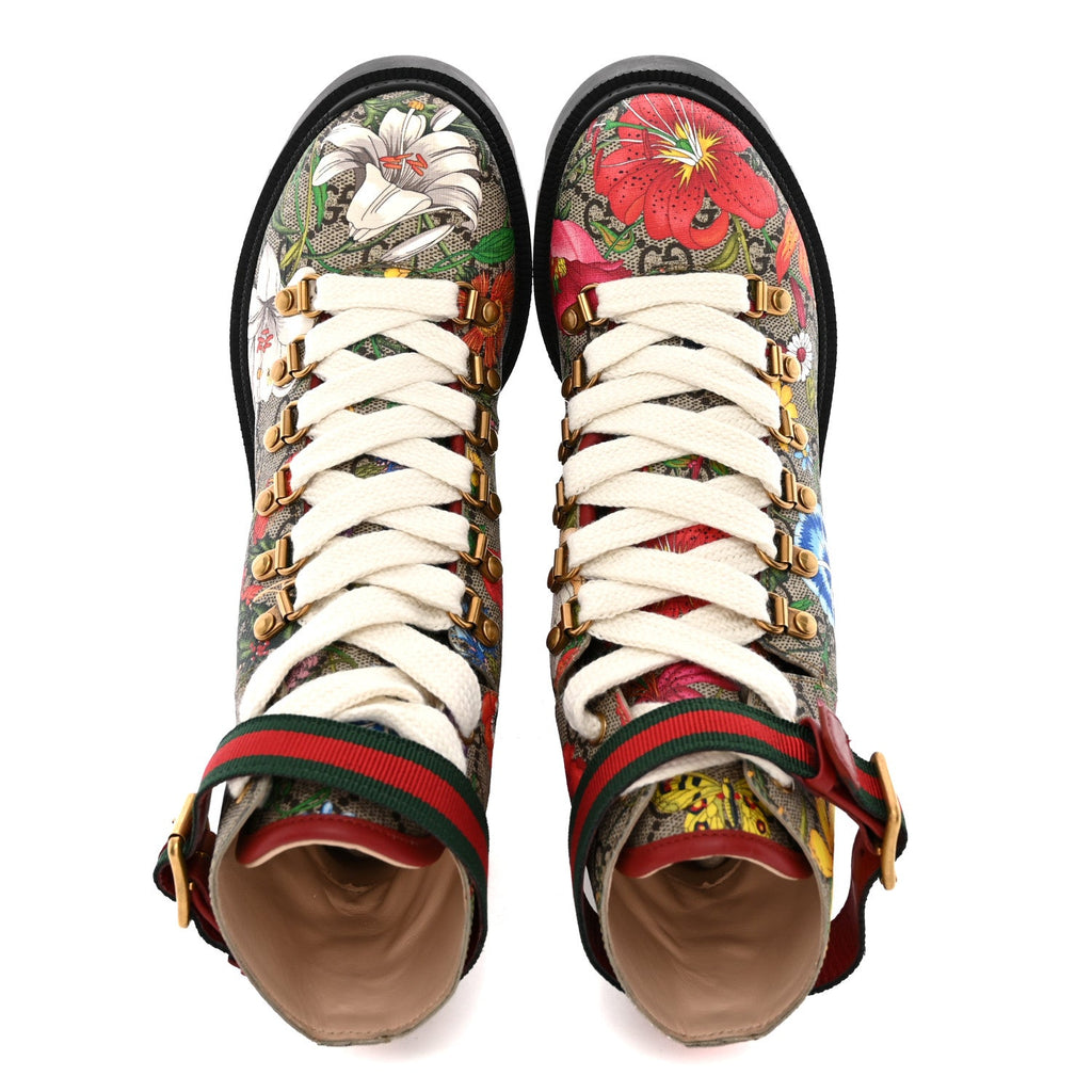 GG Supreme Monogram Flora Lace Up Combat Ankle Boots 36 Beige Multicolor Red