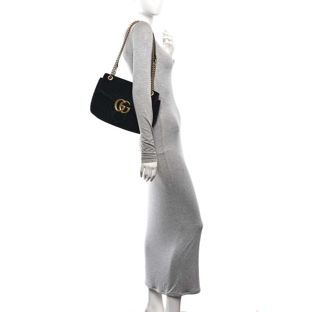 Velvet Matelasse Medium GG Marmont Shoulder Bag Black