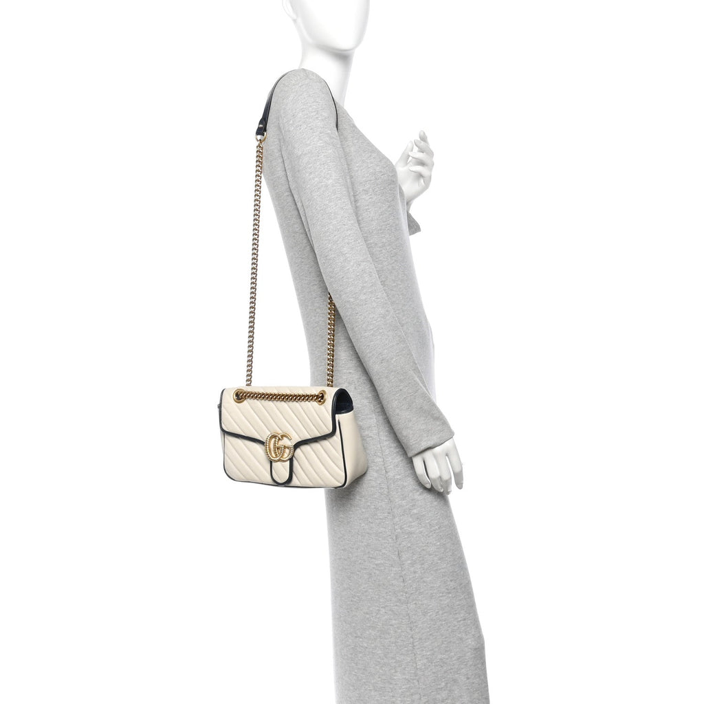 Vintage Effect Calfskin Matelasse Diagonal Small Torchon GG Marmont Shoulder Bag Mystic White Blue Agata