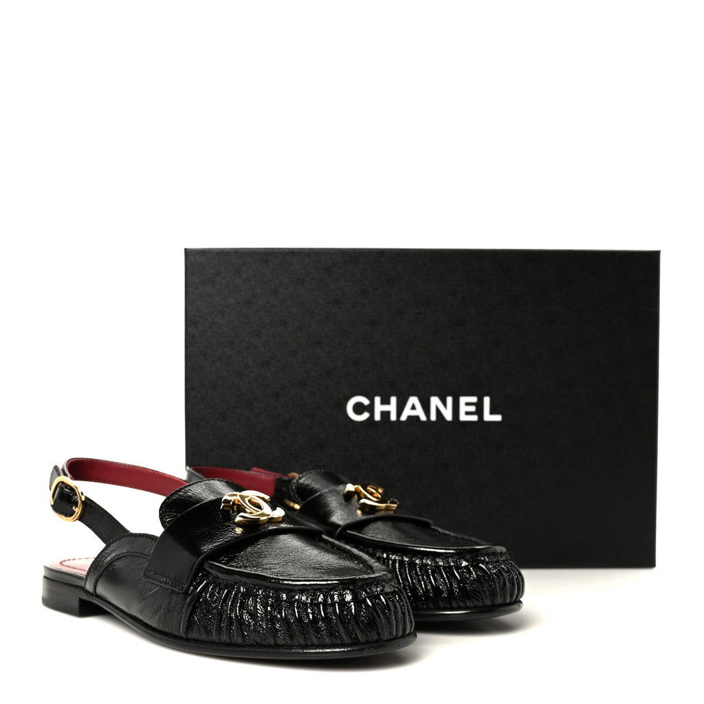 Crumpled Shiny Lambskin CC Slingback Mocassin 37.5 Black