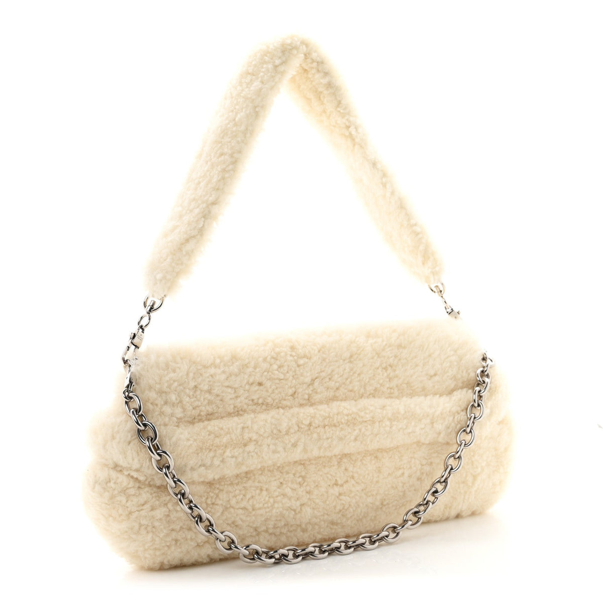 Merino Wool Medium Maxi Horsebit Chain Shoulder Bag Off White