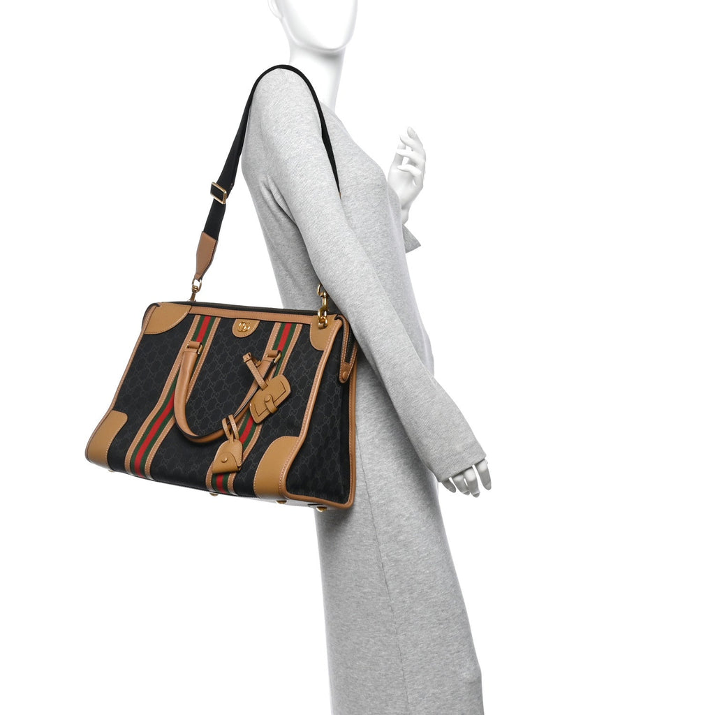 Monogram Textured Dollar Calfskin Web XL Bauletto Duffle Top Handle Bag Black Koi Beige