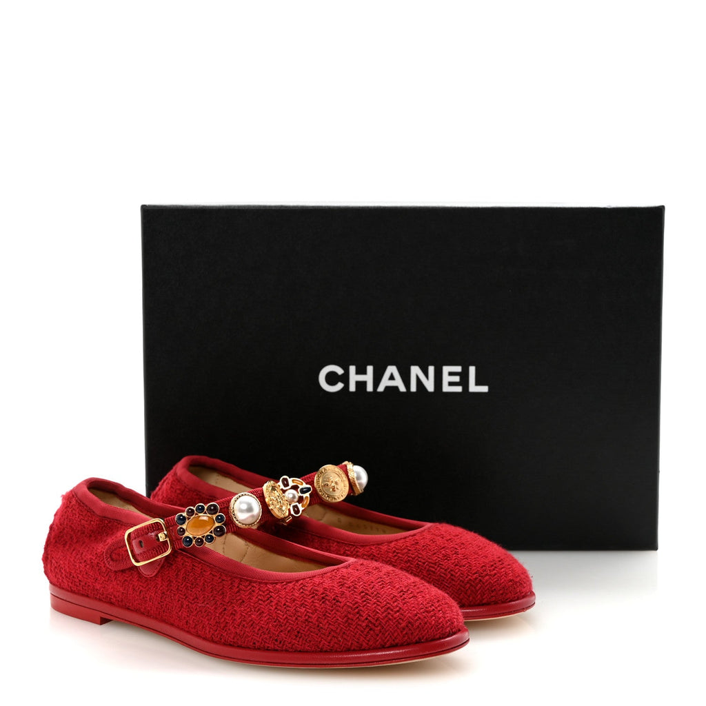 Wool Tweed Patent Mary Jane Flats 36 Red