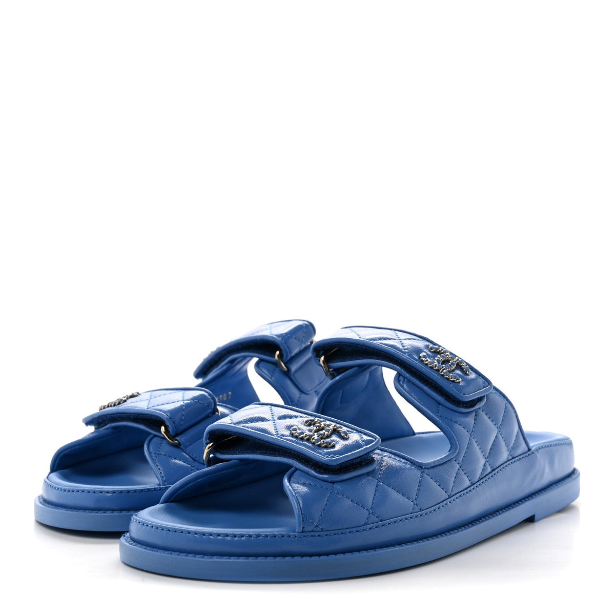 Lambskin Quilted Velcro Dad Chain CC Slide Sandals 39 Blue