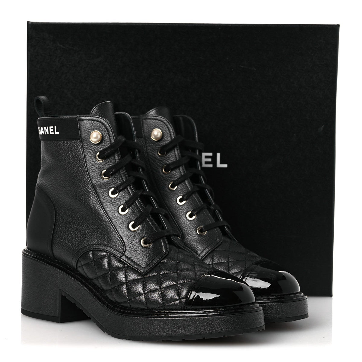 Pearly Calfskin Patent Calfskin Lace Up Combat Boots 38 Black