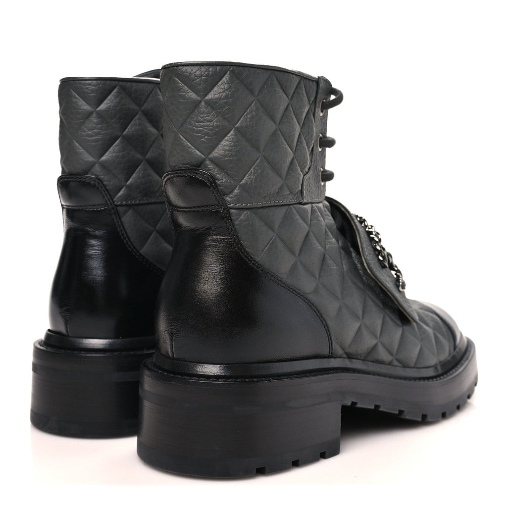 Calfskin Shiny Calfskin Quilted Lace Up Combat Boots 36 Dark Grey Black