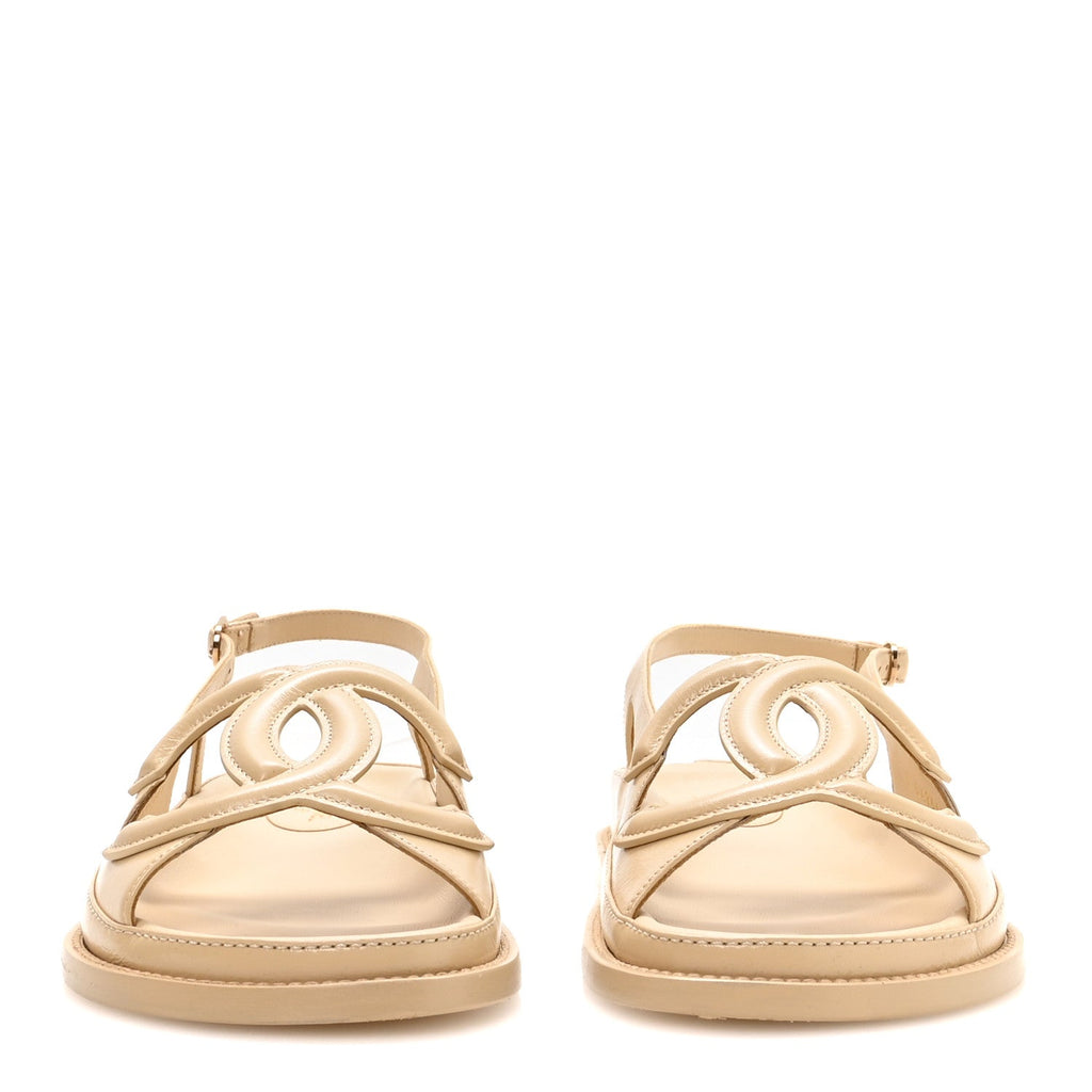 Crumpled Shiny Lambskin CC Cut Out Dad Sandals 39 Beige