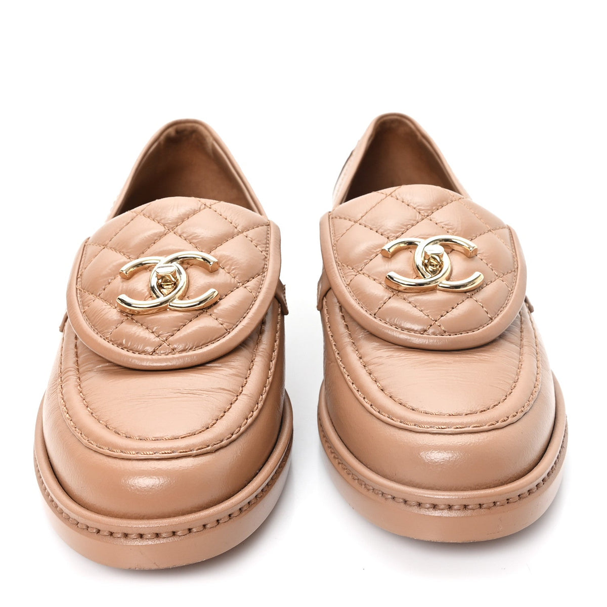 Crumpled Lambskin Quilted CC Turnlock Moccasins 35.5 Dark Beige