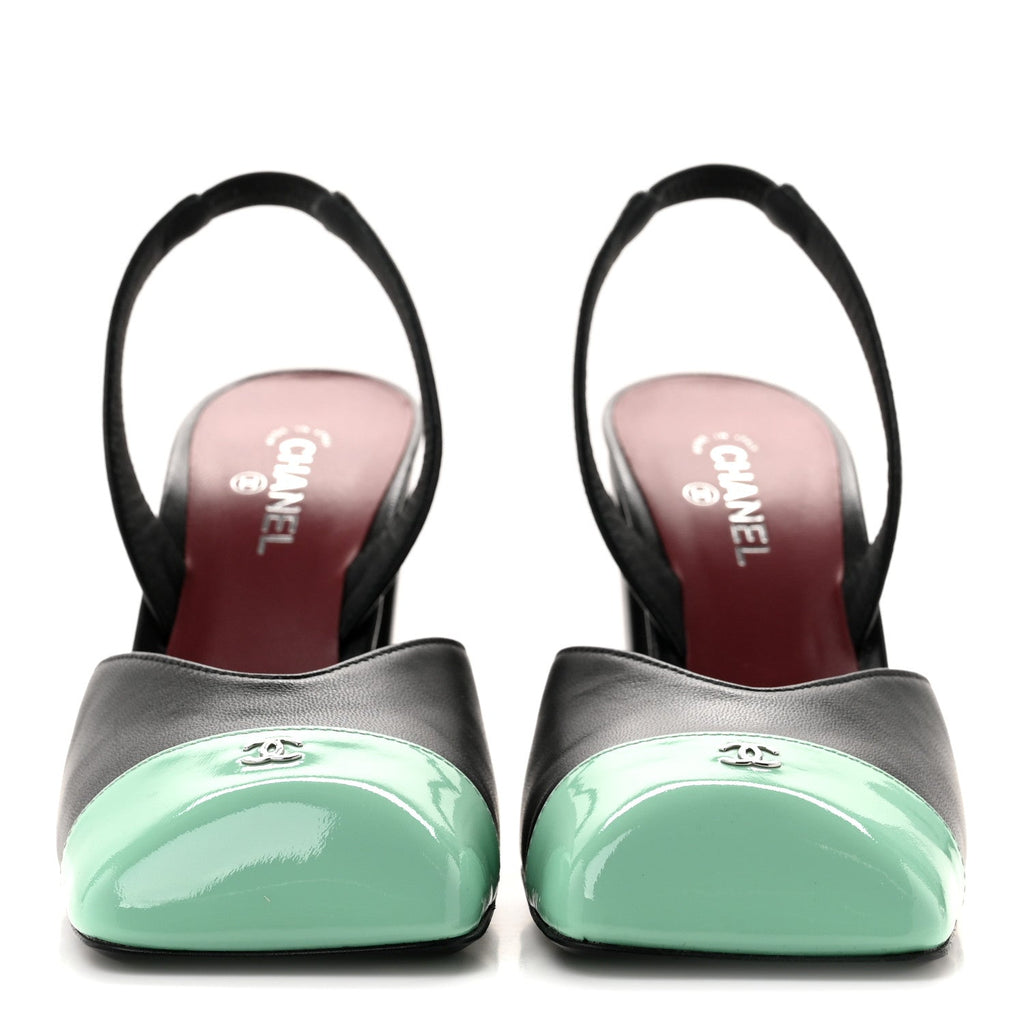 Lambskin Patent Calfskin Square Cap Toe CC Slingback Pumps 36.5 Black Green