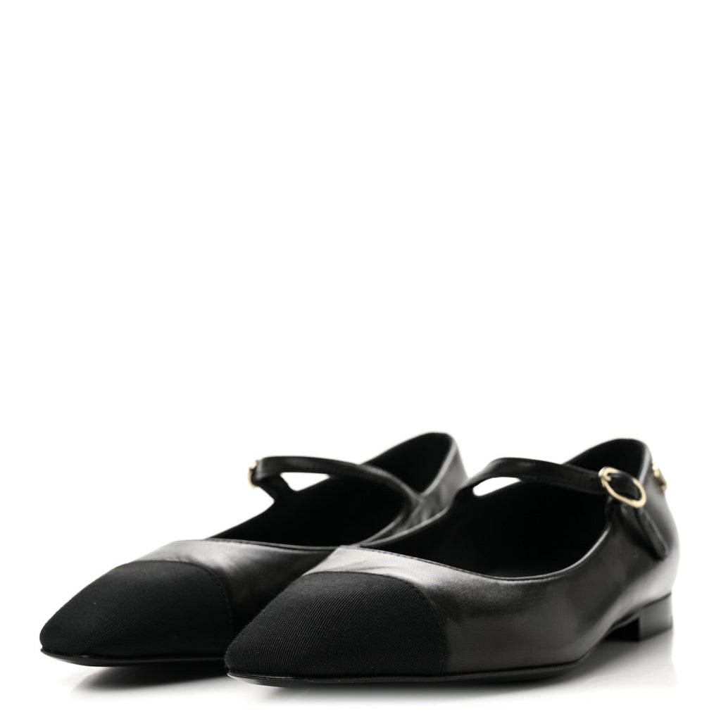 Lambskin Grosgrain Cap Toe CC Mary Jane Flats 37 Black