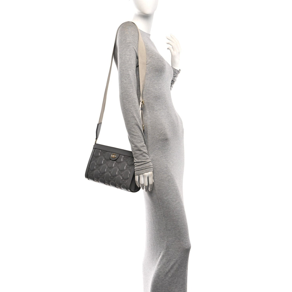 Calfskin GG Matelasse Small Slim Chain Shoulder Bag Dusty Grey Natural