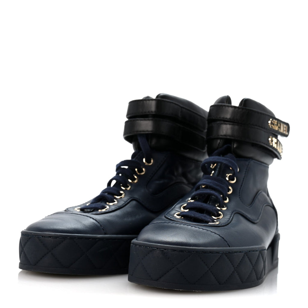 Lambskin Logo High Top Sneakers 36 Navy Black