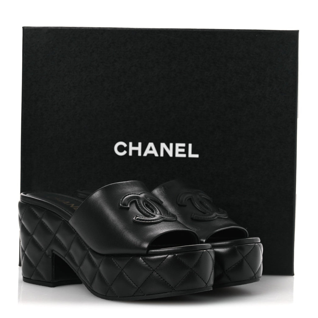Lambskin Quilted CC Platform Mules 39 Black