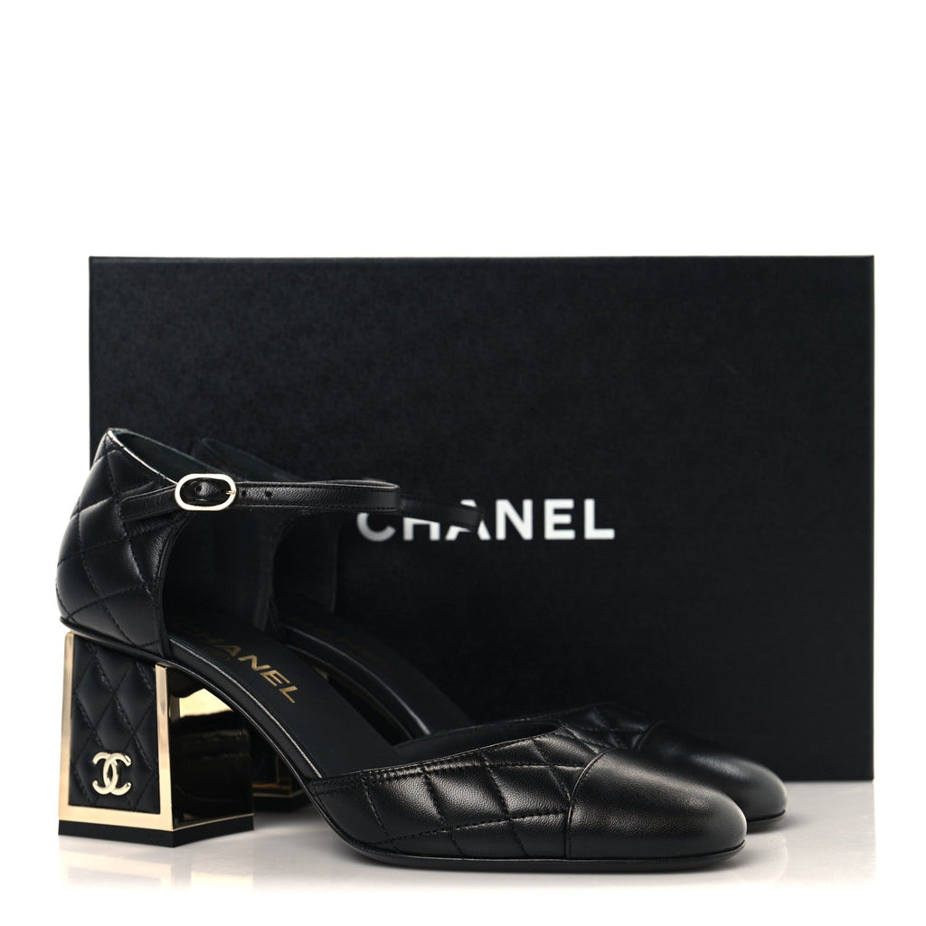 Lambskin Quilted Cap Toe Mary Jane Pumps 37.5 Black