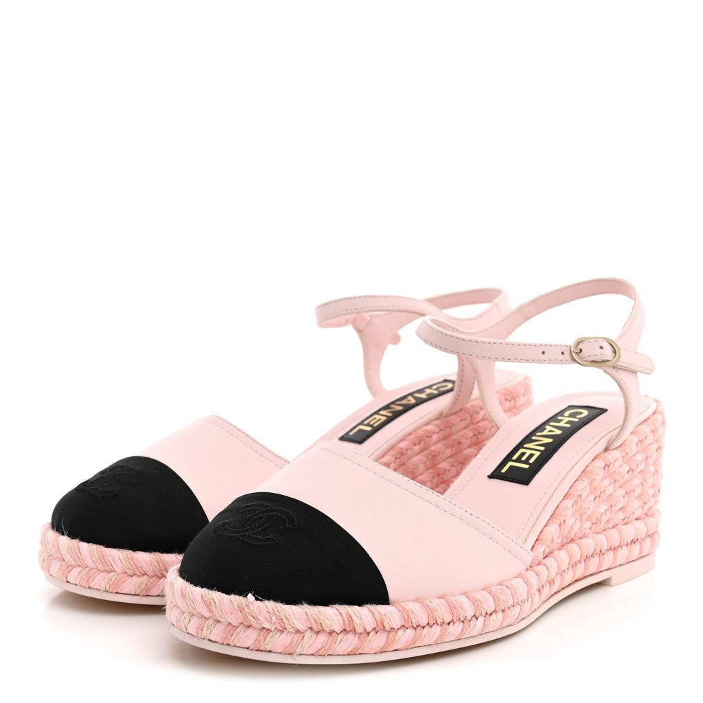 Lambskin Grosgrain CC Espadrilles Wedges 38 Pink Black