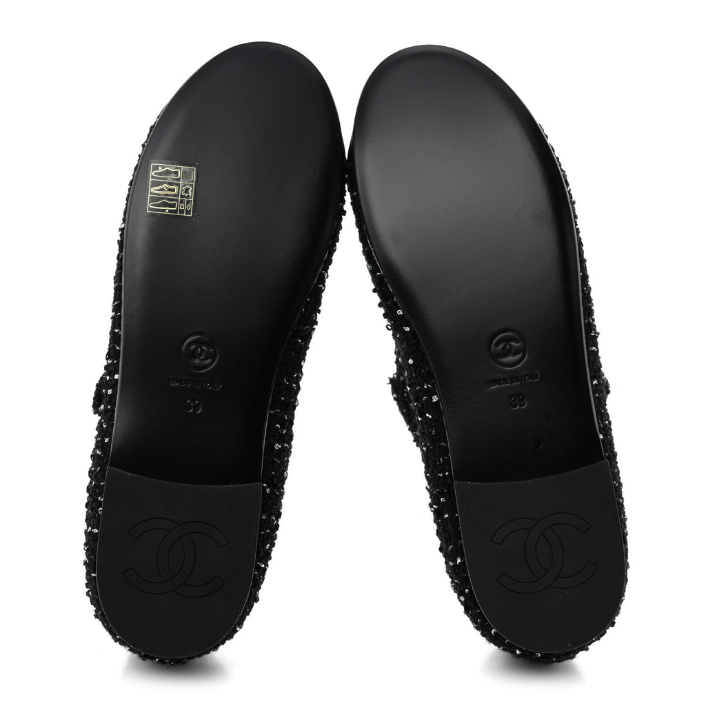 Tweed Sequin Grosgrain Cap Toe Mary Jane Flats 39 Black