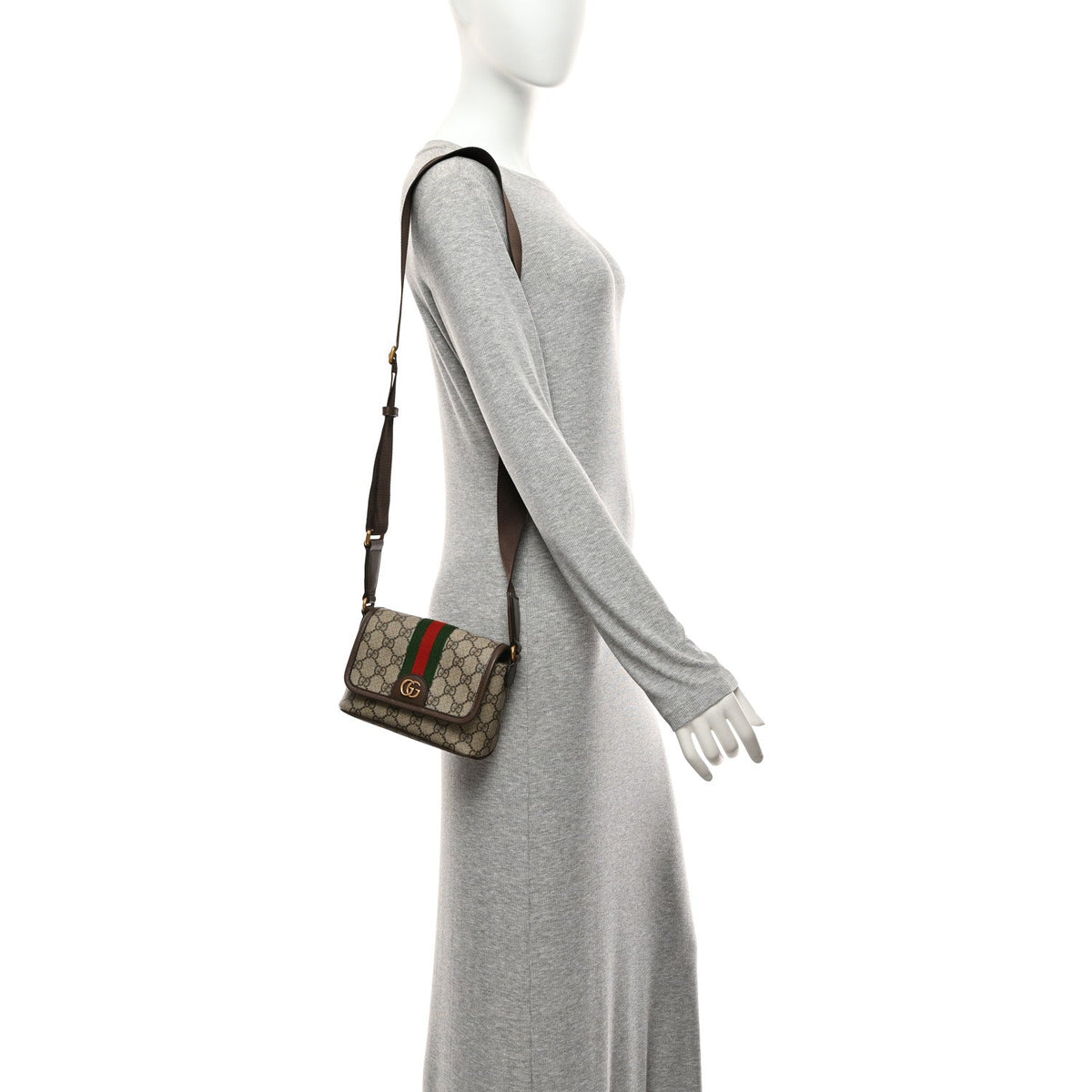 GG Supreme Monogram Textured Dollar Calfskin Web Mini Ophidia Shoulder Bag Beige Ebony New Acero
