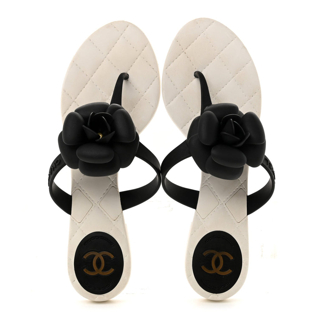 Jelly Quilted Camellia Thong Sandals 39 White Black