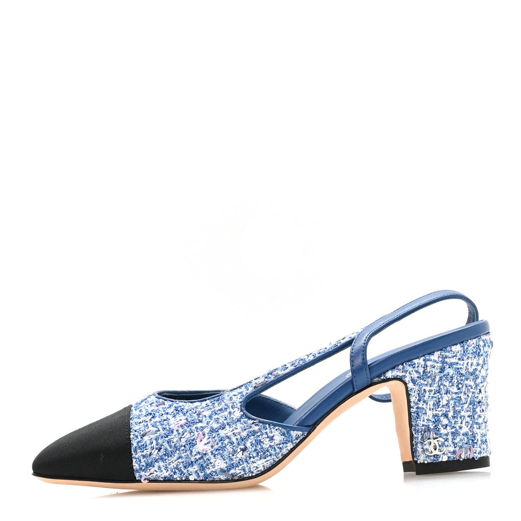 Tweed Grosgrain Cap Toe CC Slingback Pumps 36 Blue White Black