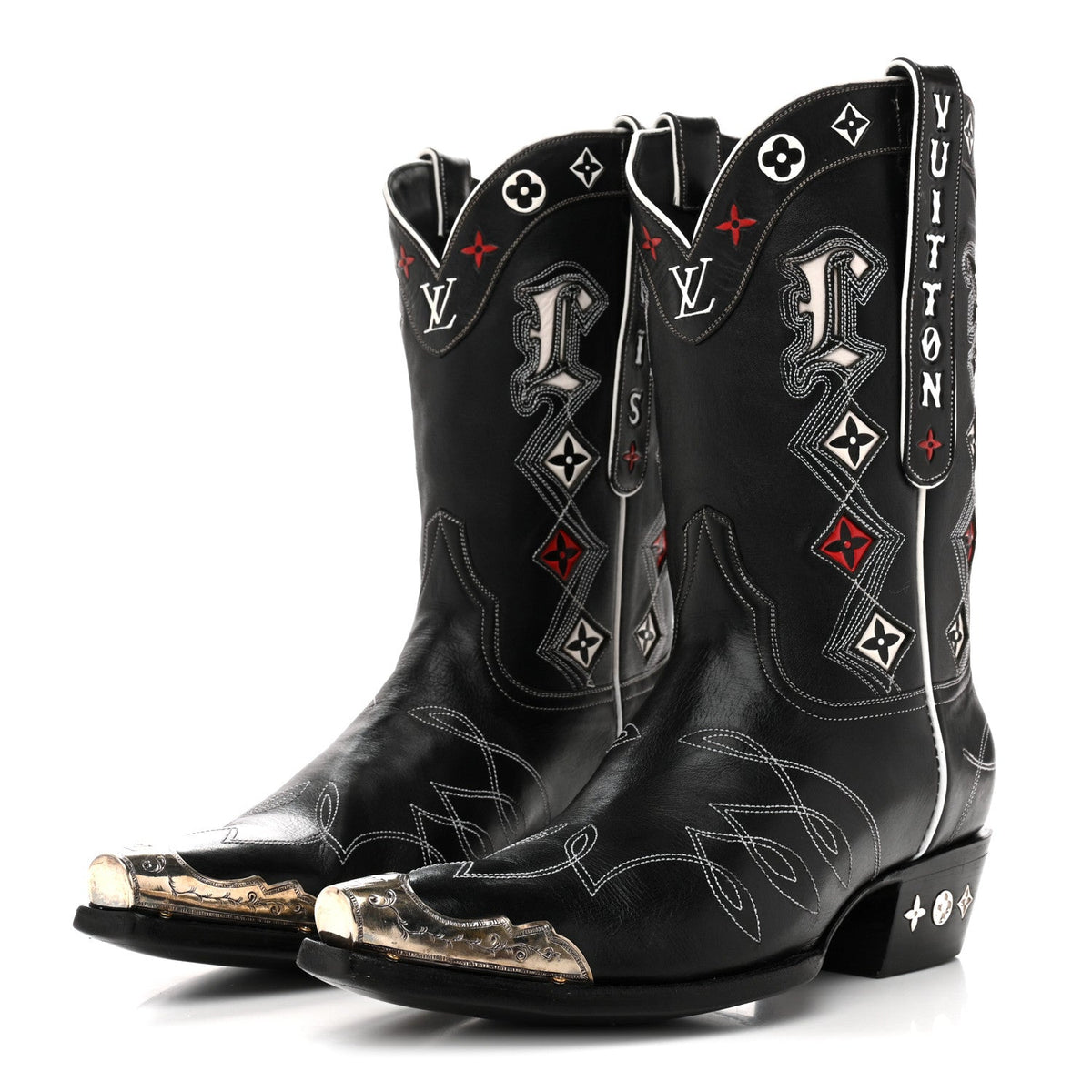 Calfskin LV Texan Mens Rider Boots 10.5 Black Silver