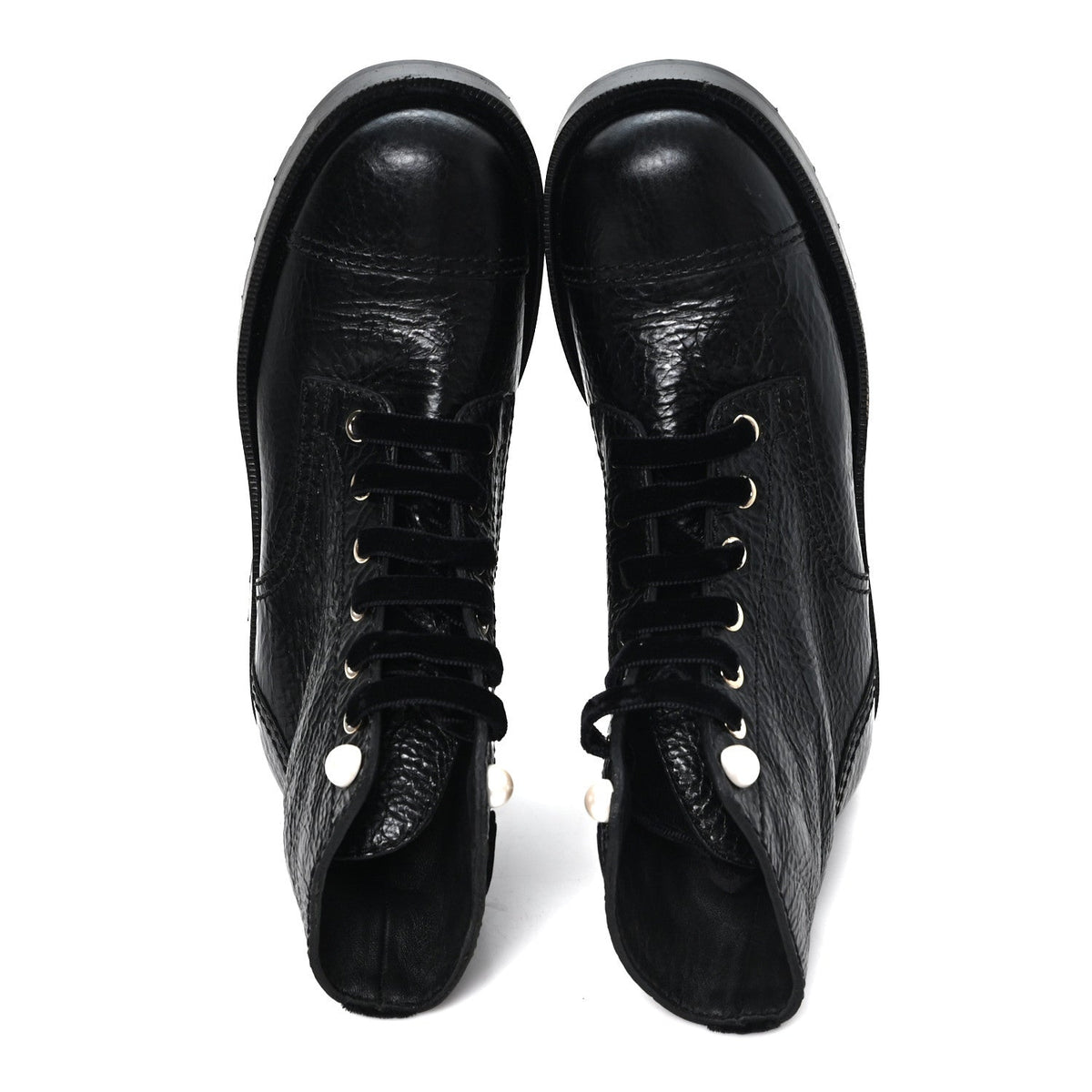 Shiny Calfskin Velvet Pearl Combat Short Boots 37.5 Black
