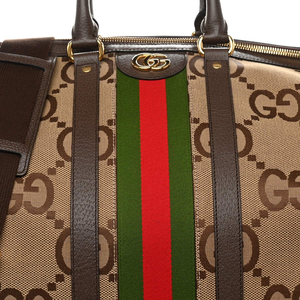 Monogram Jumbo GG Textured Dollar Calfskin Web Maxi Duffle Bag Camel Ebony