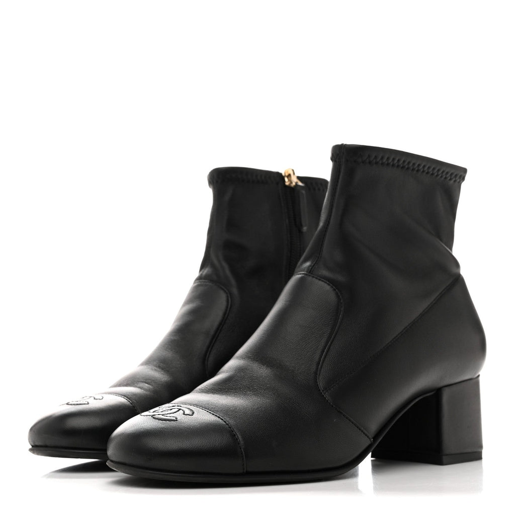 Stretch Lambskin Cap Toe CC Short Boots 38.5 Black