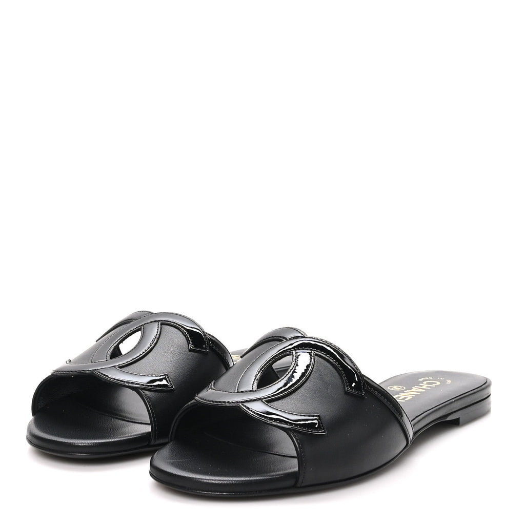 Lambskin CC Cutout Sandal Mules 37.5 Beige Black