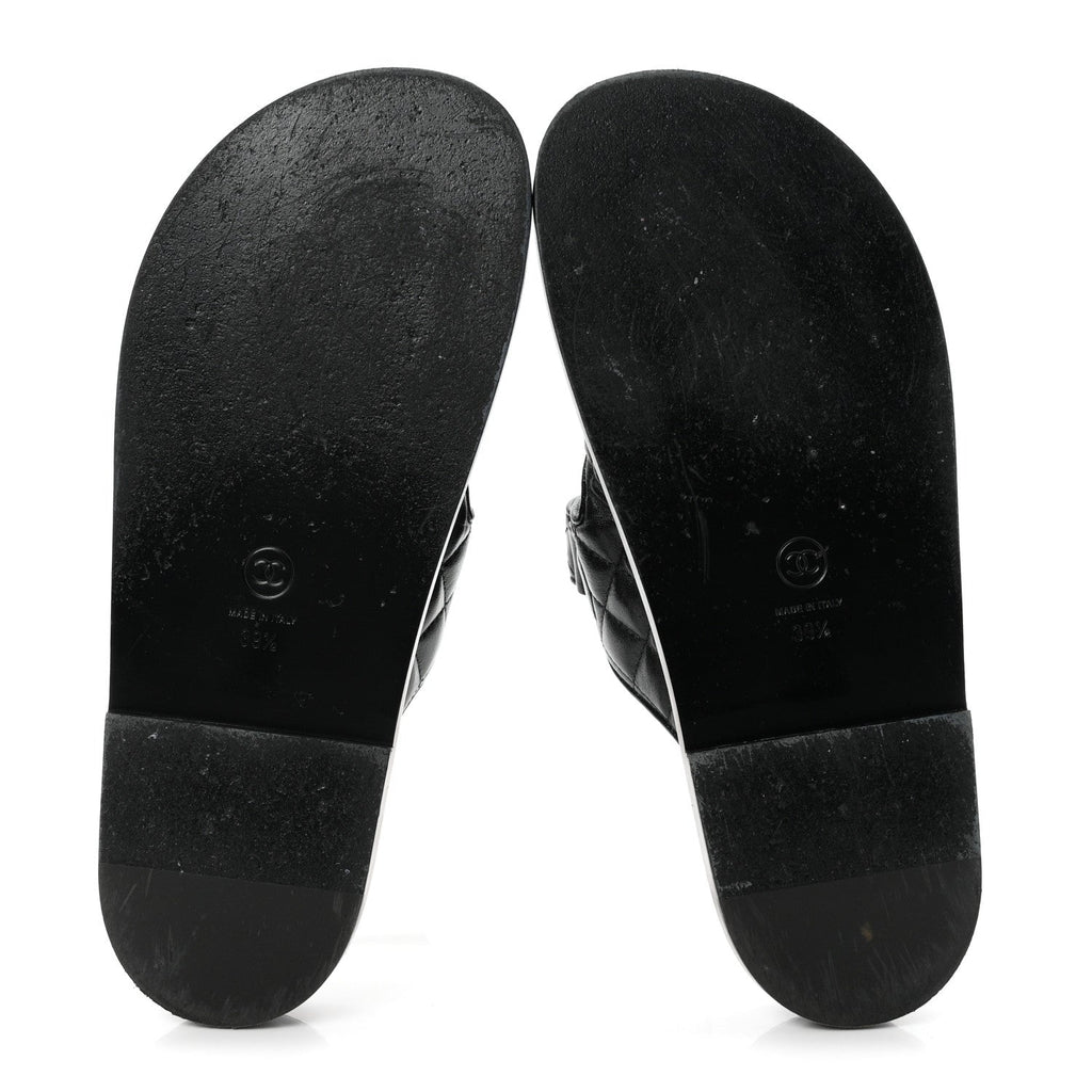 Lambskin Quilted Velcro Dad Chain CC Slide Sandals 39.5 Black