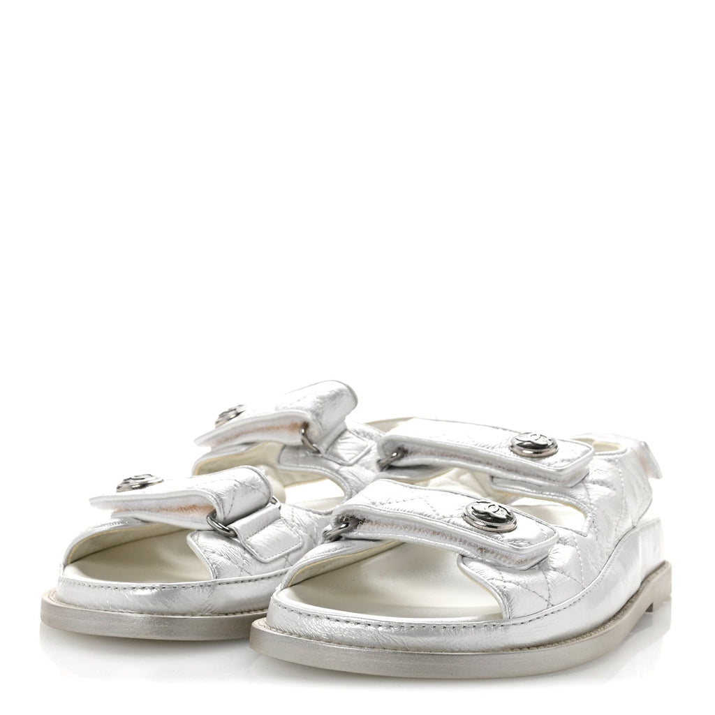 Laminated Lambskin Quilted Velcro Dad Sandals 36.5 White