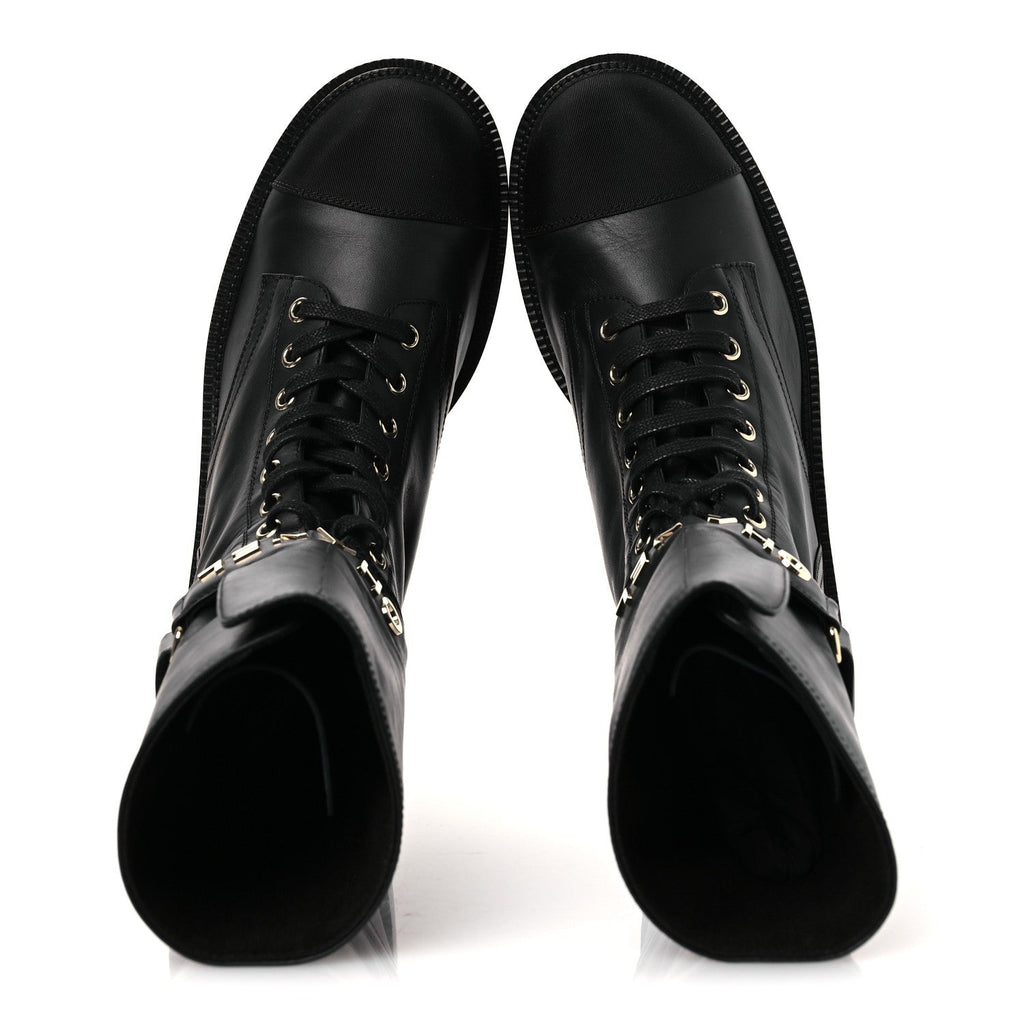 Calfskin Grosgrain Lace Up Combat Boots 38.5 Black