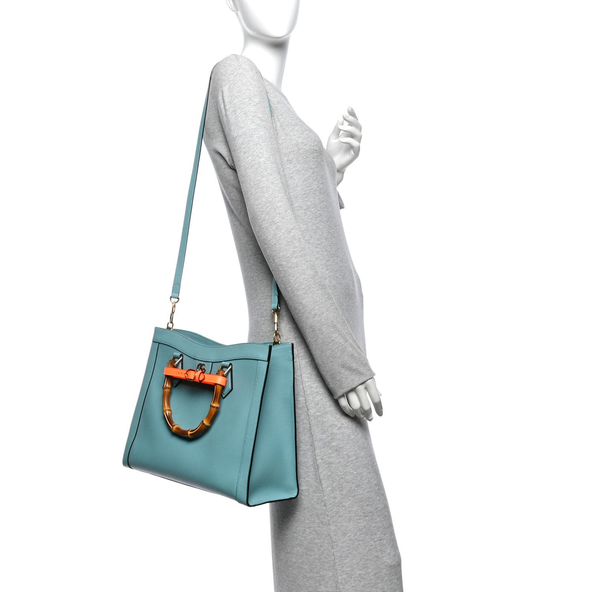 Wonka Grain Calfskin Medium Diana Tote Bag Dusty Azure Orange Fluo