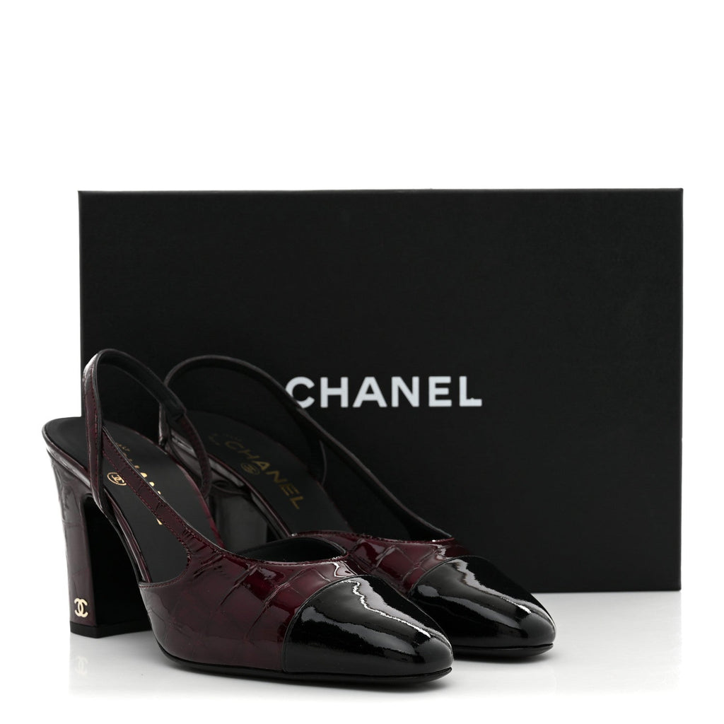 Patent Calfskin Crocodile Embossed Cap Toe CC Slingback 38 Dark Burgundy Black