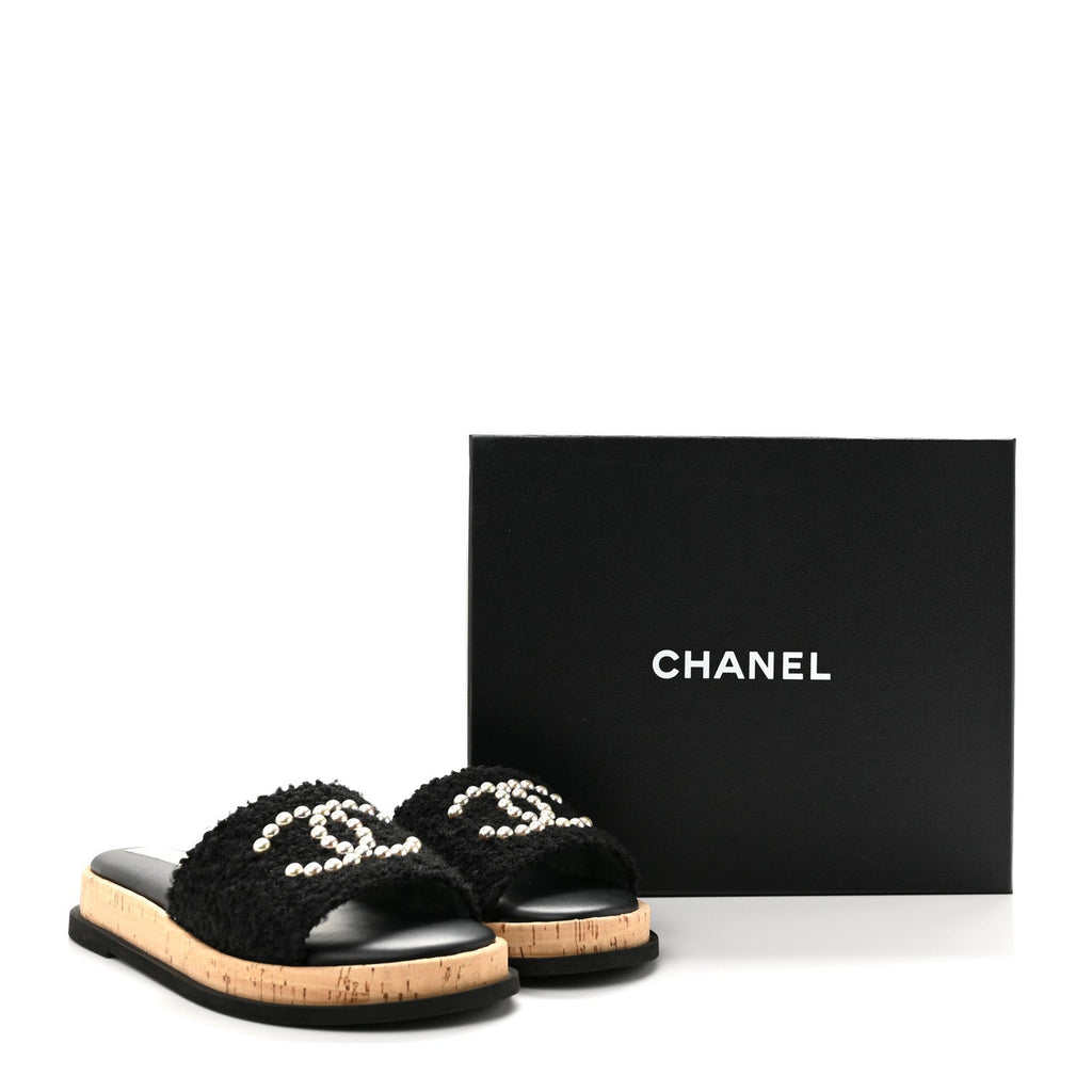 Fabric Pearl Cork CC Slip On Sandals 40 Black