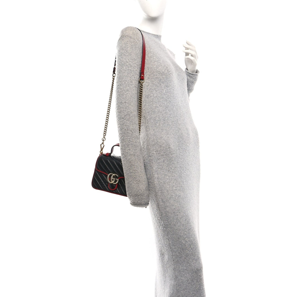 Vintage Effect Calfskin Matelasse Diagonal Mini Torchon GG Marmont Top Handle Shoulder Bag Black Romantic Cherry
