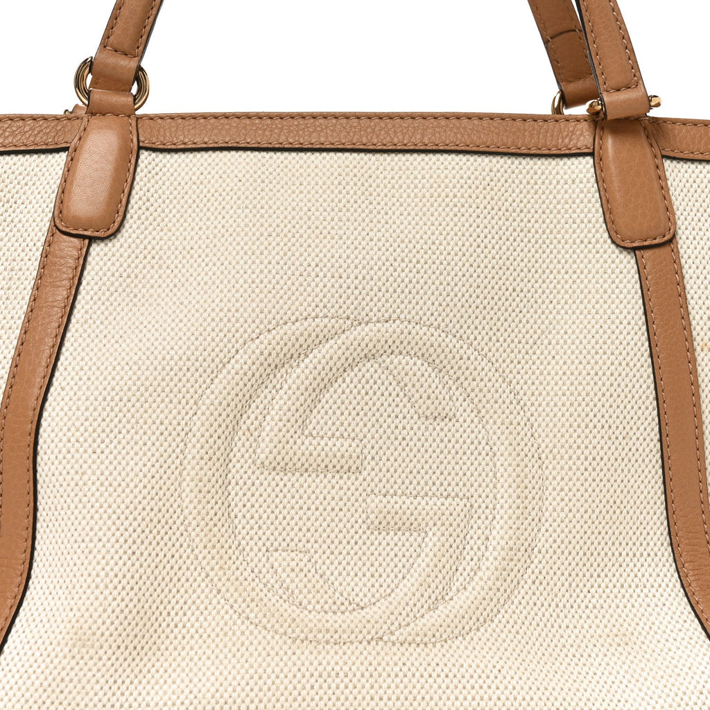 Linen Canvas Pebbled Calfskin Small Soho Top Handle Bag White Camelia