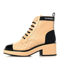 Lambskin Patent Calfskin Quilted Lace Up Boots 38 Beige Black