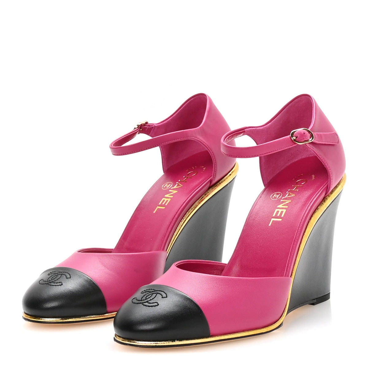 Lambskin Cap Toe Open Wedge Pumps 40 Fuchsia Black