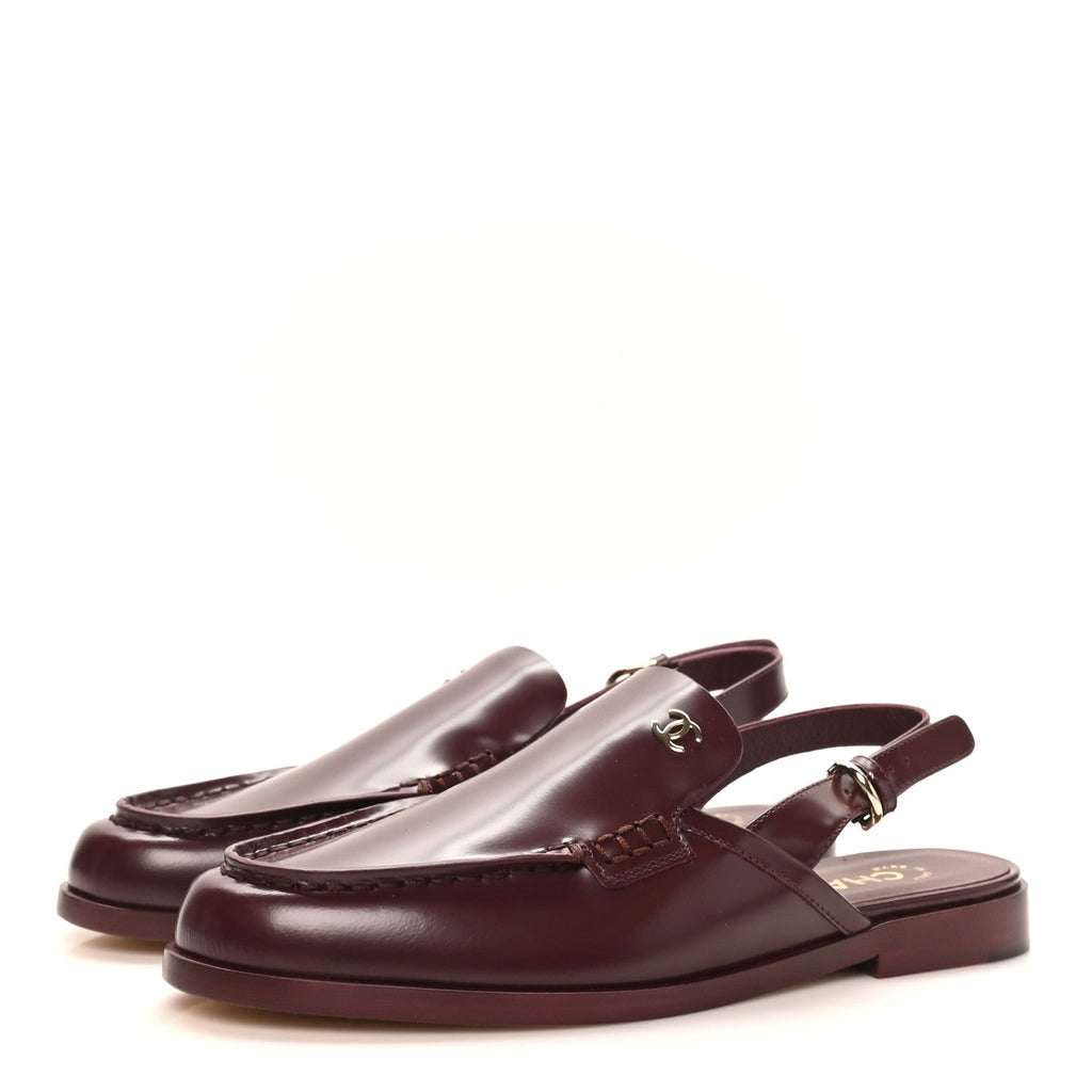 Shiny Calfskin Slingback Loafers 38 Burgundy