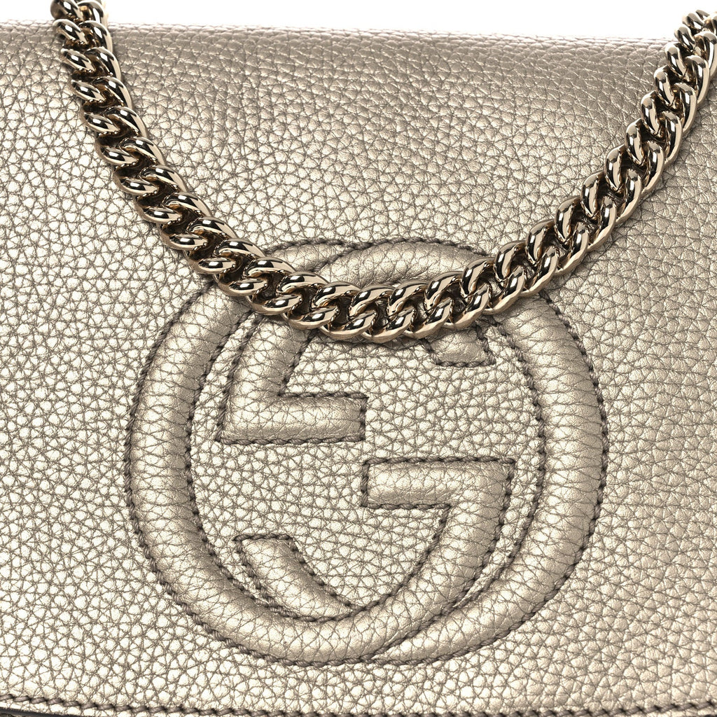 Metallic Pebbled Calfskin Medium Soho Flap Crossbody Golden Beige