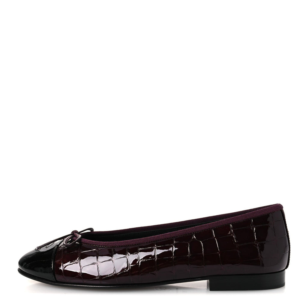 Patent Calfskin Crocodile Embossed Ballerina Flats  38 Dark Burgundy Black